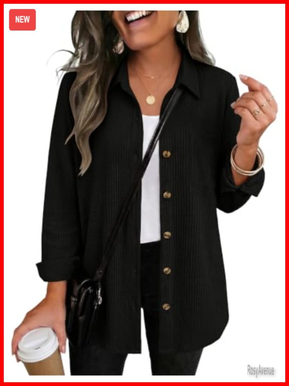 Waffle Knit Button Down Shacket Long Sleeve Top with Pocket
